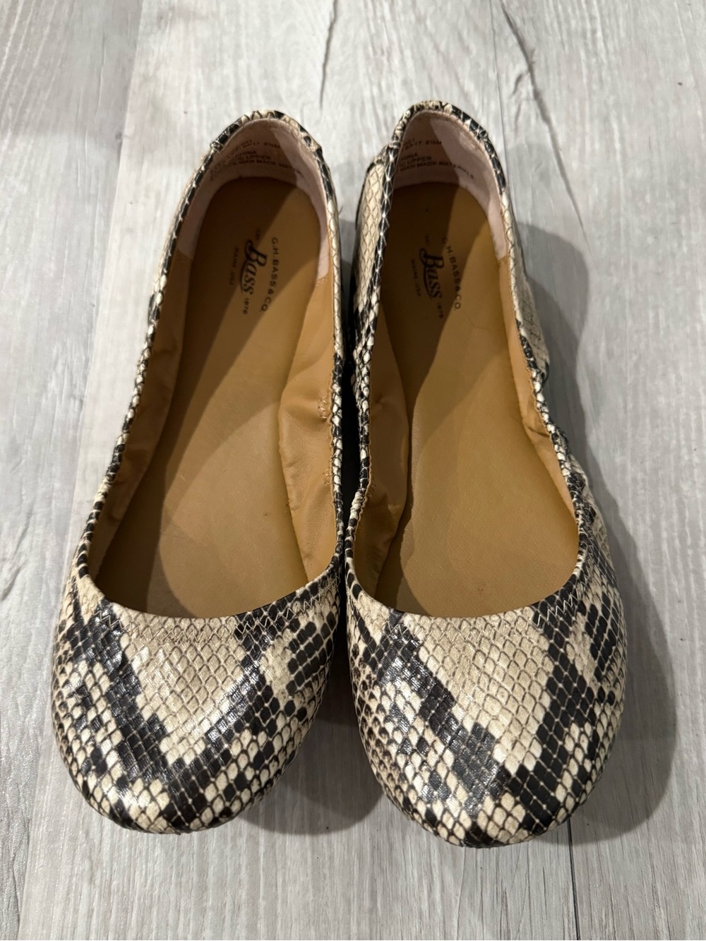 G.H. Bass & Co. Snake-Print Beige and Black Ballet Flats